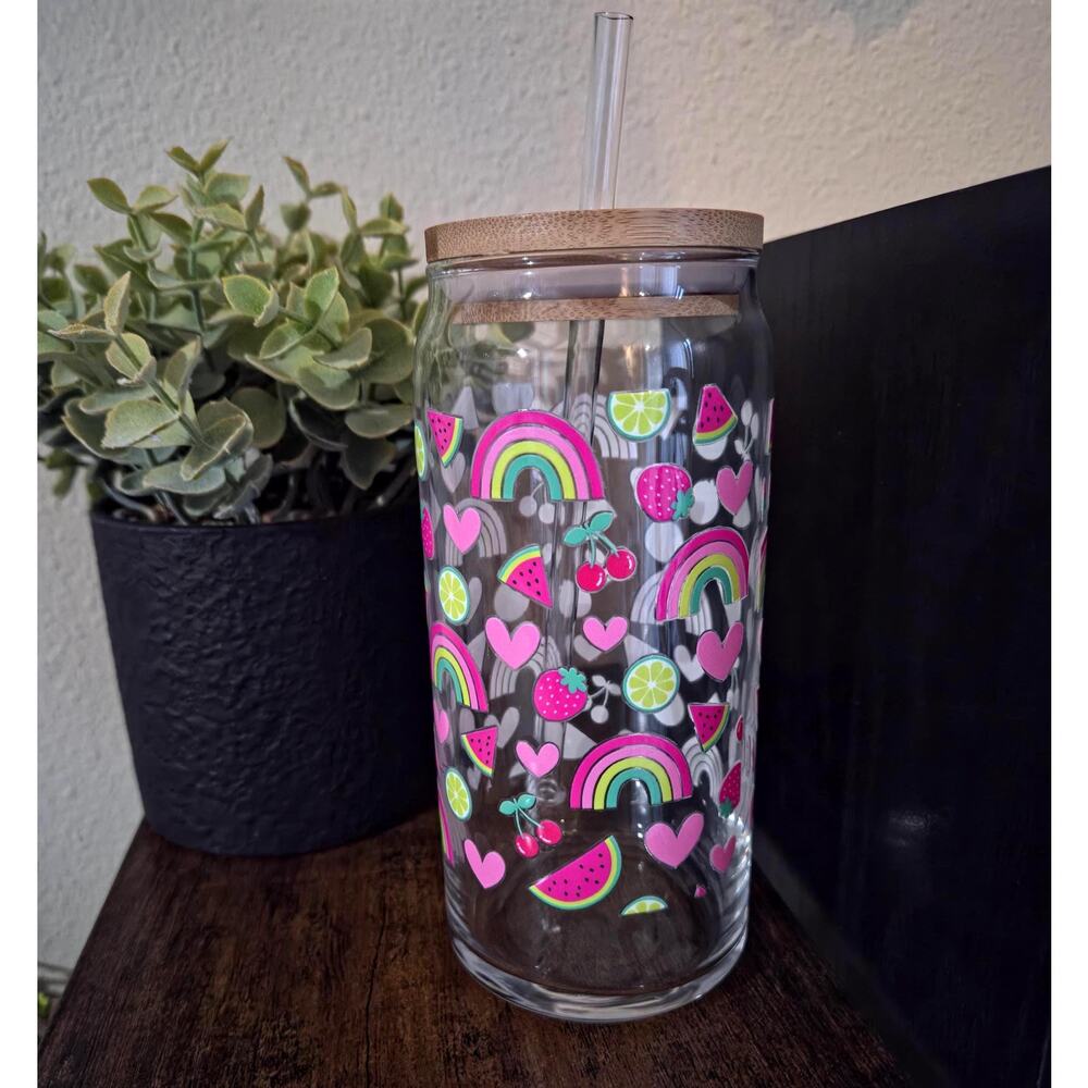 Cute Rainbow Rainbow Fruit Iced Coffee Can Glass Tumbler 20oz, Glassware Bamboo